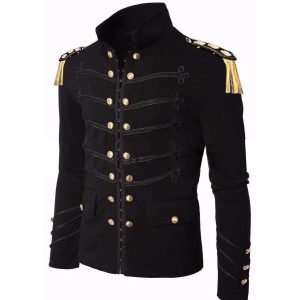 Men Handmade Black Embroidery BLACK Military Napoleon Zip Jacket